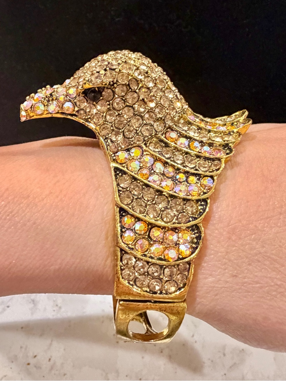 Vintage Gold Tone Rhinestone Eagle Falcon Bird Clamper Bracelet Statement Cuff 5